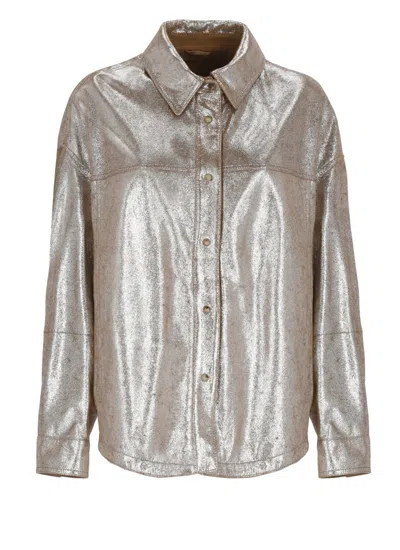 Brunello Cucinelli Leather Shirt Collared Metallic Finish In Gray