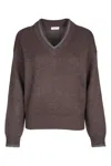 Brunello Cucinelli Ribbed V-neck Top Contrast Trim In Brown