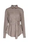 Brunello Cucinelli Check Shirt With Belted Waist And Pockets In Brown