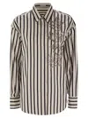 Brunello Cucinelli White Shirt With Floral Embroidery On The Front And All-over Striped Motif