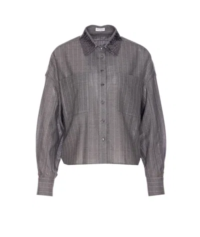 Brunello Cucinelli Striped Sequin Collar Long Sleeve Top In Gray