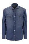 Brunello Cucinelli Men Easy Fit Shirt In Light Denim With Press Studs In Navy