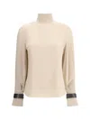Brunello Cucinelli Women Silk Turtleneck Blouse With Precious Bracelets In Neutral