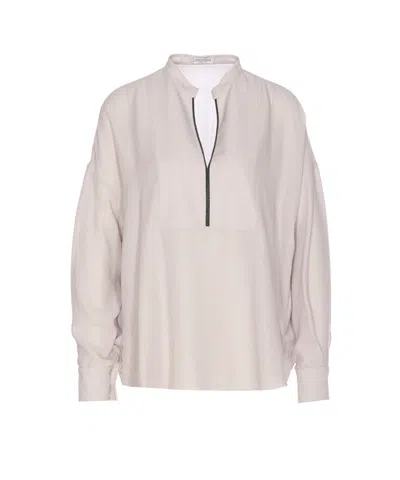 Brunello Cucinelli Long Sleeve V-neck Mandarin Collar Top In White