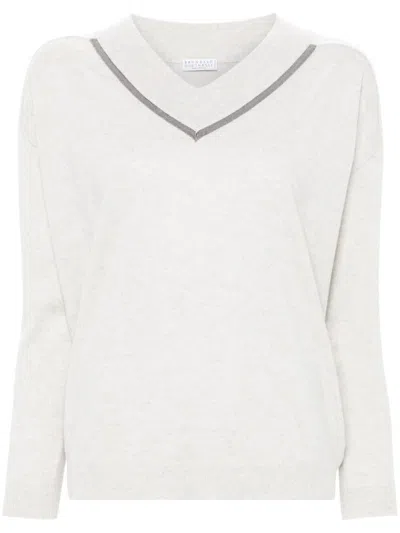 Brunello Cucinelli Long Sleeve V-neck Sweater In Gray