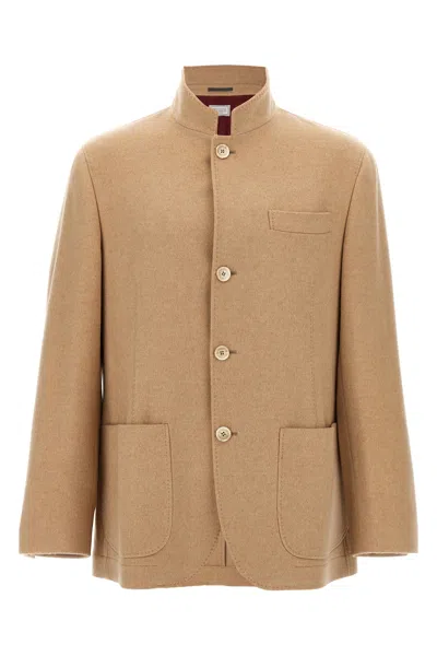 Brunello Cucinelli Stand Collar Short Coat With Back Vent In Brown