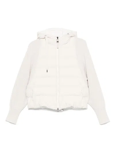 Brunello Cucinelli Short Cream-colored Down Jacket With Knitted Sleeves