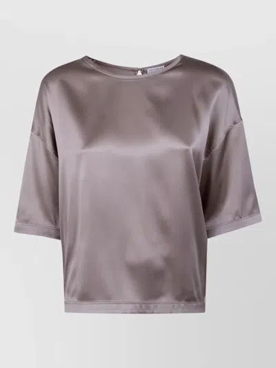 Brunello Cucinelli Short Sleeve Blouse Round Neck Satin In Brown