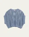 Brunello Cucinelli Short-sleeve Cotton Springtime Net Knit Sweater In Blue