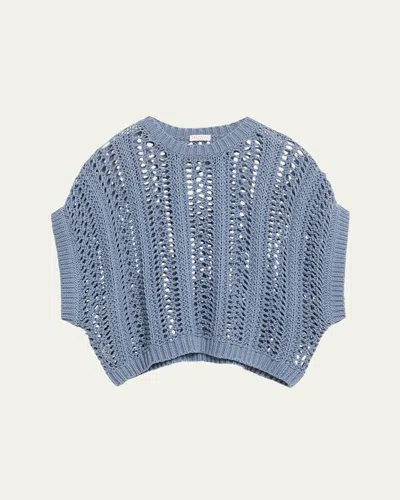 Brunello Cucinelli Short-sleeve Cotton Springtime Net Knit Sweater In Blue
