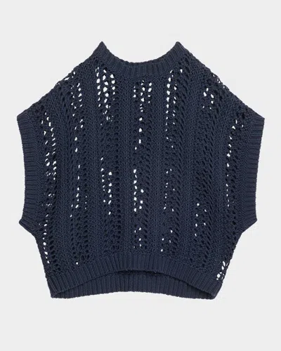 Brunello Cucinelli Short-sleeve Cotton Springtime Net Knit Sweater In C7186 Blu Freddo