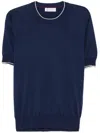 Brunello Cucinelli Men Cotton Lightweight Knit T-shirt With Contrast Details In Blue