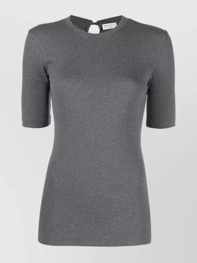 Brunello Cucinelli Short Sleeve Crew Neck Top With Keyhole In Gray