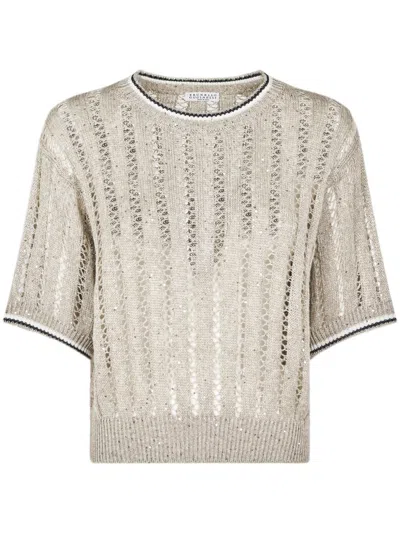 Brunello Cucinelli Short-sleeve Crewneck Top In Neutral