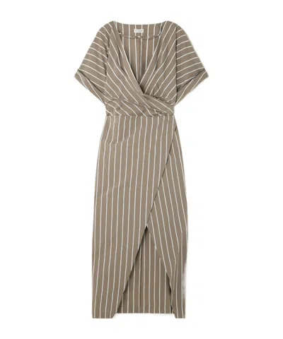 Brunello Cucinelli Striped Cotton-blend Poplin Wrap Midi Dress In Brown