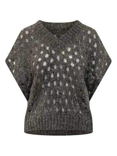 Brunello Cucinelli Short-sleeve Embellished Top In Gray