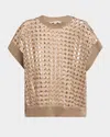 Brunello Cucinelli Short-sleeve Paillette Cotton-jute Open Knit Sweater