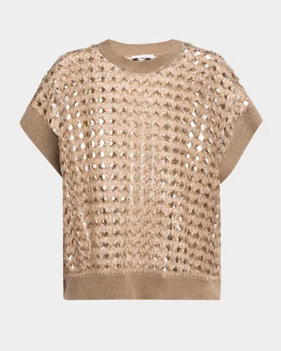 Brunello Cucinelli Short-sleeve Paillette Cotton-jute Open Knit Sweater