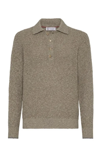 Brunello Cucinelli Virgin Wool-cashmere Flecked Polo Sweater In Marrone Chiaro