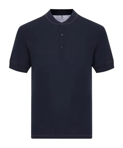 Brunello Cucinelli Waffle-pattern Henley-collar Polo Shirt In Blue