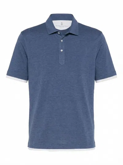 Brunello Cucinelli Short Sleeve Polo Shirt With Faux-layering In Blue