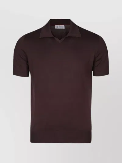 Brunello Cucinelli Short Sleeve Polo Shirt With Ribbed Hem In Brown