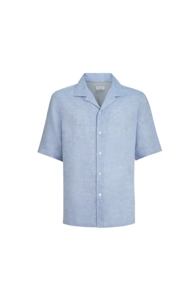 Brunello Cucinelli Linen Easy Fit Short-sleeve Shirt With Camp Collar In Blue