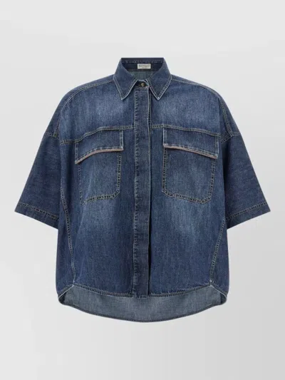 Brunello Cucinelli Short Sleeve Shirt Collared Neck Front Pockets In Blue