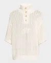 Brunello Cucinelli Short-sleeve Summer Rope Knit Half Button Sweater In Cream