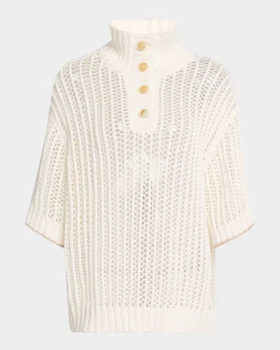 Brunello Cucinelli Short-sleeve Summer Rope Knit Half Button Sweater In Cream