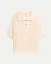 Brunello Cucinelli Short-sleeve Summer Rope Knit Half Button Sweater In Cream