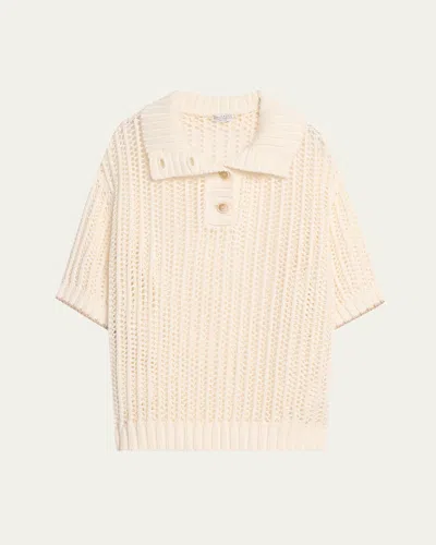 Brunello Cucinelli Short-sleeve Summer Rope Knit Half Button Sweater In Cream