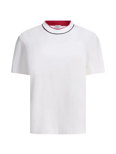 Brunello Cucinelli Short Sleeve Crew Neck Contrast Collar Top In White