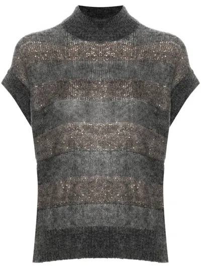 Brunello Cucinelli Sequin-embellished Striped Vest In Gray