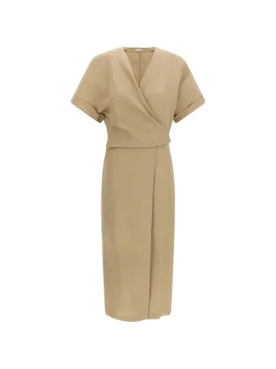 Brunello Cucinelli Short Sleeve Belted Wrap Dress V Neckline In Nude