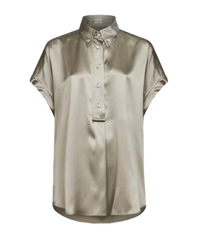 Brunello Cucinelli Short-sleeved Buttoned Blouse In Brown