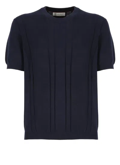 Brunello Cucinelli Short Sleeved Crewneck Knitted T In Blue