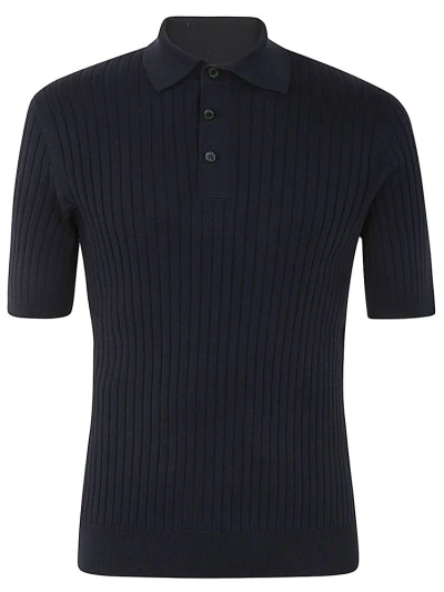 Brunello Cucinelli Short Sleeved Knitted Polo Shirt In Navy