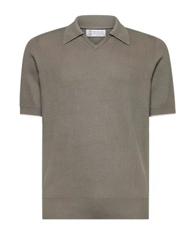 Brunello Cucinelli Green Cotton Knit Polo Shirt In Gray