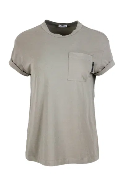 Brunello Cucinelli Short-sleeved Oversized T-shirt In Stretch Cotton With Crew Neck And Pocket With Jewel In Military