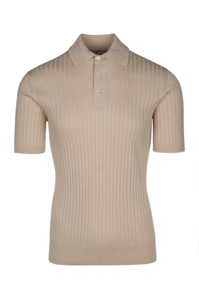 Brunello Cucinelli Short Sleeved Ribbed Polo Shirt In Beige