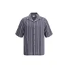 Brunello Cucinelli Textured Stripe Seersucker Easy Fit Short Sleeve Shirt With Camp Collar