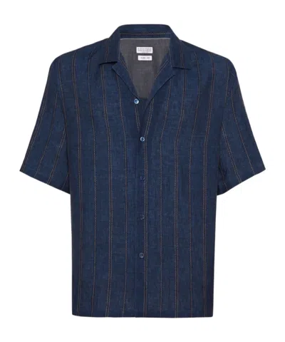 Brunello Cucinelli Camp-collar Embroidered Striped Linen Shirt In Blue