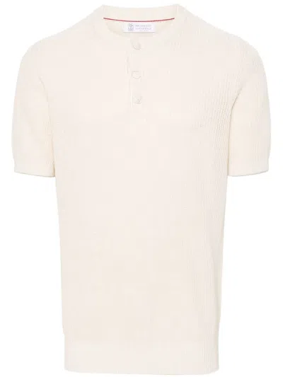 Brunello Cucinelli Short-sleeved Sweater With Buttoning In Nude & Neutrals