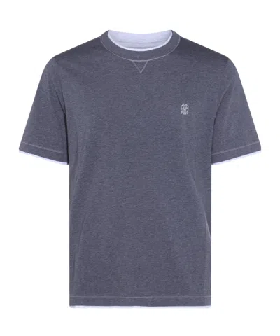 Brunello Cucinelli Short Sleeves Crew Neck Contrast Stitching In Blue