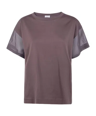Brunello Cucinelli Crew Neck T Shirt Sheer Panels In Purple