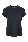 Brunello Cucinelli Short-sleeved T-shirt In Elasticized Stretch Cotton With A Crew Neck Edged With Jewels In Grey Antracite