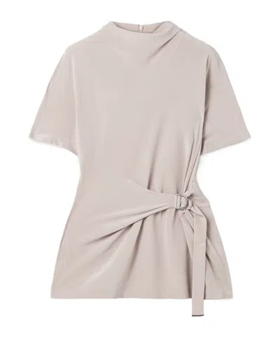 Brunello Cucinelli Buckle-embellished Draped Silk Crepe De Chine Top In Neutral