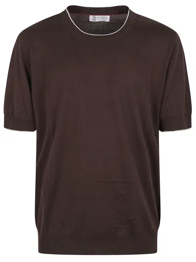 Brunello Cucinelli Short-sleeved Top With Ribbed Neckline And Puffed Sleeves In Brown