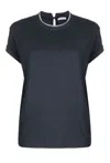 Brunello Cucinelli Blue Crewneck T-shirt With Monil Detail On The Collar And Rear Cut-out In Cotton Stretch Woman In Blue